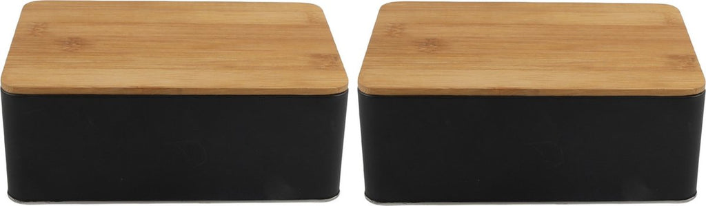  Set Van 2x Stuks Opbergblikken/bewaarblikken Zwart Met Bamboe Deksel 1,7L 19 X 13 X 7 Cm - Voorraadblikken/koekblikken