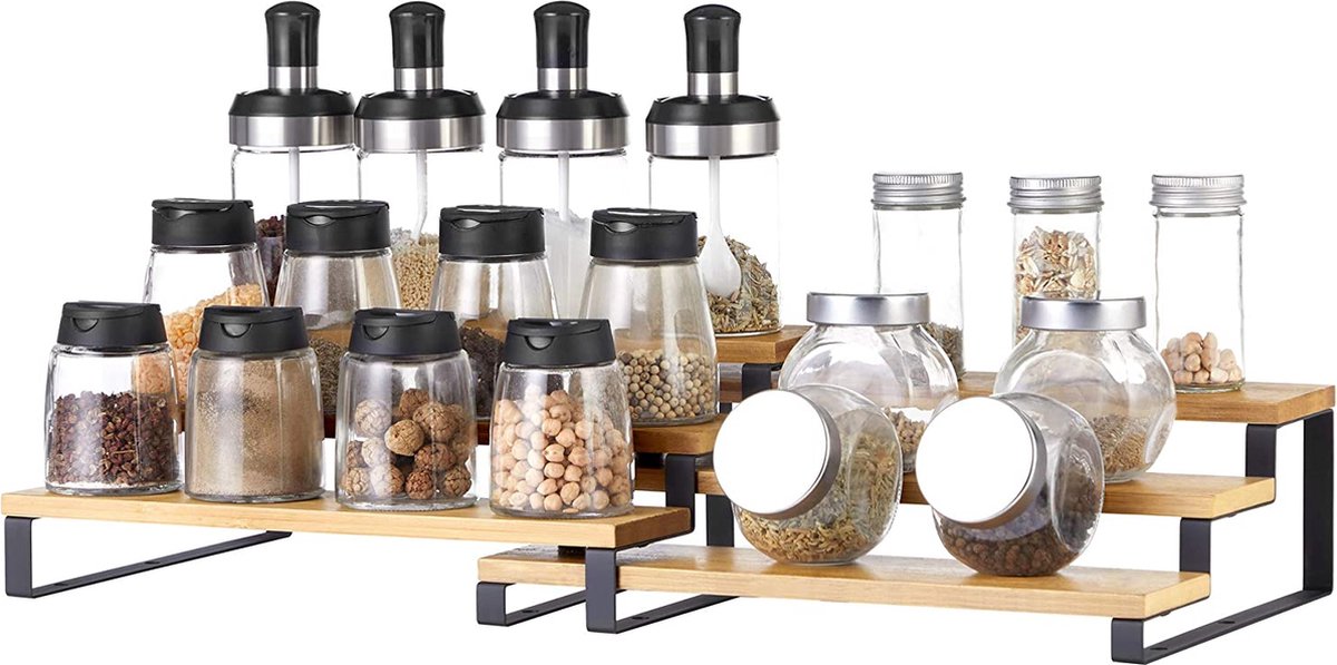  Kruidenrekken, Set Van 2, Keukenrekken, Met 3 Planken, Bamboe, Uitschuifbaar, Stapelbaar, Voor Keuken, Werkblad, Zwart