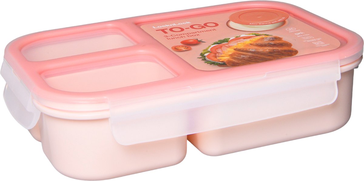  Lock&amp;Lock Lunchbox - Bento Box - Salade Lunchbox - Met 3 Compartimenten - Met Dressing/Saus Bakje - Volwassenen En Kinderen - To Go - Lekvrij - BPA Vrij - 980 Ml - Roze
