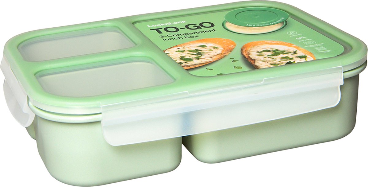  Lock&amp;Lock Lunchbox - Bento Box - Salade Lunchbox - Met 3 Compartimenten - Met Dressing/Saus Bakje - Volwassenen En Kinderen - To Go - Lekvrij - BPA Vrij - 1,5 Liter - Groen