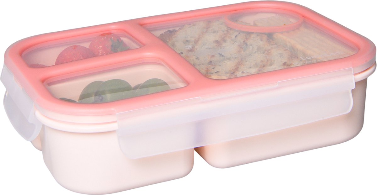  Lock&amp;Lock Lunchbox - Bento Box - Salade Lunchbox - Met 3 Compartimenten - Met Dressing/Saus Bakje - Volwassenen En Kinderen - To Go - Lekvrij - BPA Vrij - 980 Ml - Roze