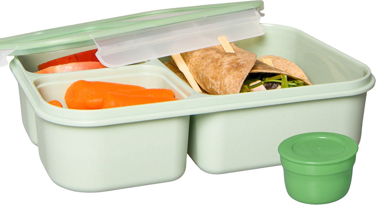  Lock&amp;Lock Lunchbox - Bento Box - Salade Lunchbox - Met 3 Compartimenten - Met Dressing/Saus Bakje - Volwassenen En Kinderen - To Go - Lekvrij - BPA Vrij - 1,5 Liter - Groen
