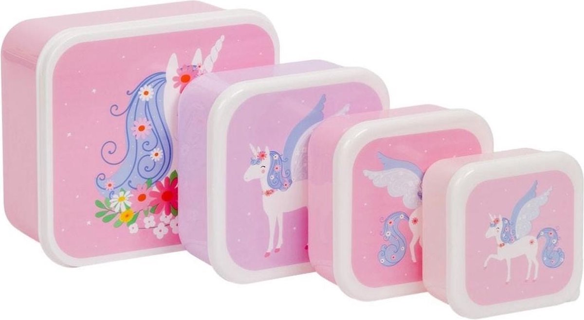  A Little Lovely Company - Brooddoos - Broodtrommel - Lunch &amp; Snack Box Set Van 4 - Eenhoorn