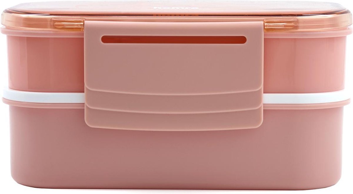  Homra Lunchbox STAQS Pink - Bento Box - 2 Laags Broodtrommel - 3 Compartimenten - Roze - Lunch To Go - Duurzaam Kunststof - BPA Vrij - 3 Vaks Lunchtrommel Voor Volwassenen - Inclusief Bestek - Magnetron, Diepvries, Vaatwasser Bestendig - Vers Houden
