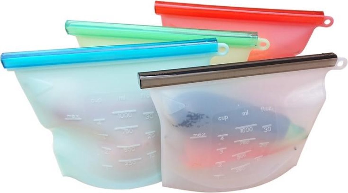  Siliconen Vershoudzakken | Bewaarzakken | Diepvrieszakken | Herbruikbaar | Lekvrij | Set 4-Stuks 1000ml | Vries &amp; Hitte Bestendig | 4 Kleuren