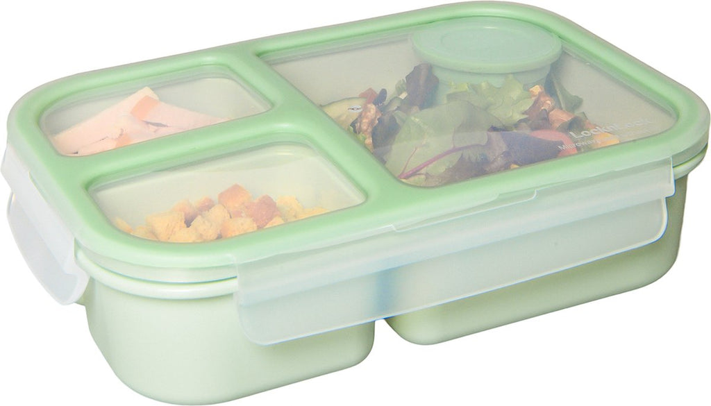  Lock&amp;Lock Lunchbox - Bento Box - Salade Lunchbox - Met 3 Compartimenten - Met Dressing/Saus Bakje - Volwassenen En Kinderen - To Go - Lekvrij - BPA Vrij - 980 Ml - Groen