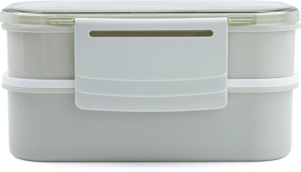  Homra Lunchbox STAQS Grey - Bento Box - 2 Laags Broodtrommel - 3 Compartimenten - Grijs - Lunch To Go - Duurzaam Kunststof - BPA Vrij - 3 Vaks Lunchtrommel Voor Volwassenen - Inclusief Bestek - Magnetron, Diepvries, Vaatwasser Bestendig - Vers Houden