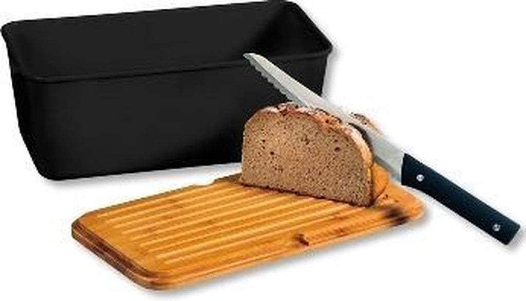  Melamine Broodtrommel Met Bamboe Snijplank | Brood Bewaar Doos Met Hoge Kwaliteit Bamboe Snij Plank | Met Bamboe Deksel, Te Gebruiken Als Brood Snijplank | Afm. 34 X 18 X 14 Cm. | Kleur Brood Trommel: ZWART