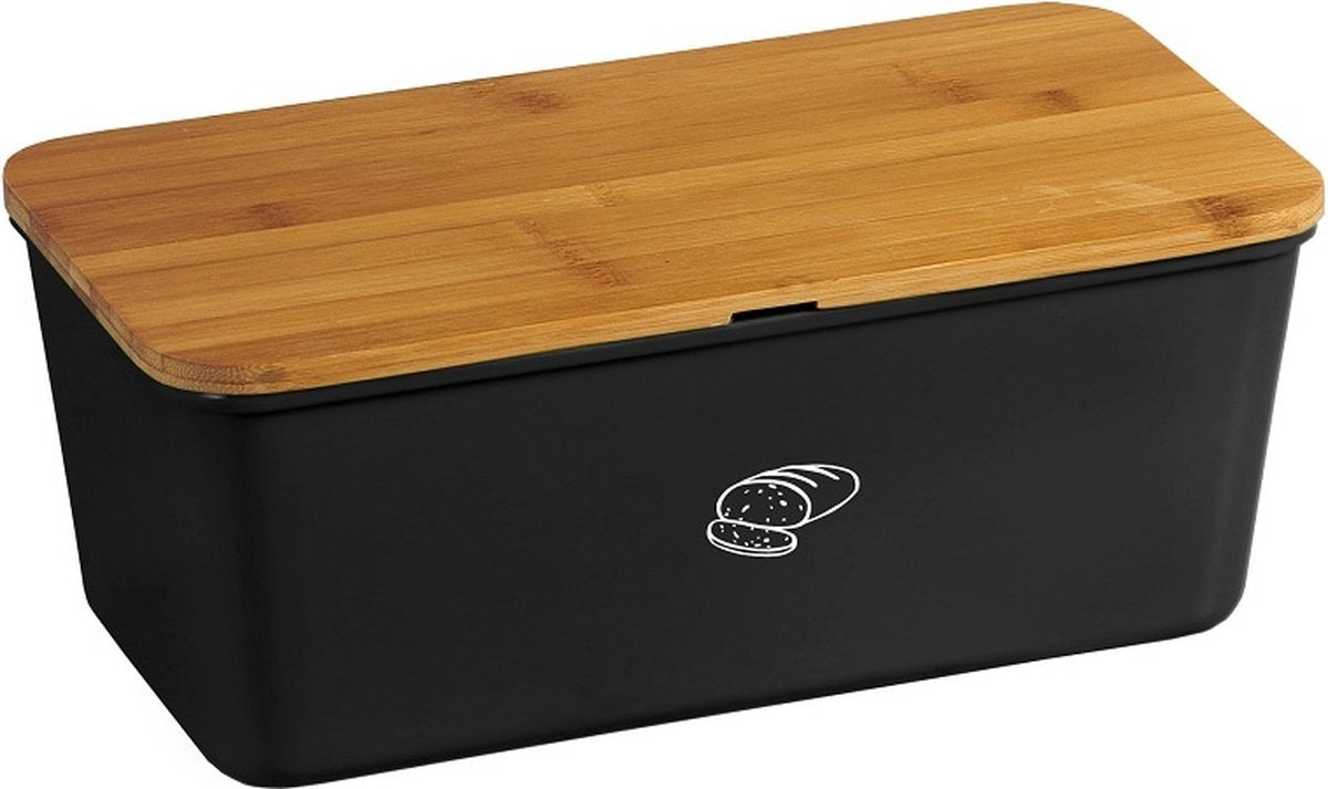  Melamine Broodtrommel Met Bamboe Snijplank | Brood Bewaar Doos Met Hoge Kwaliteit Bamboe Snij Plank | Met Bamboe Deksel, Te Gebruiken Als Brood Snijplank | Afm. 34 X 18 X 14 Cm. | Kleur Brood Trommel: ZWART