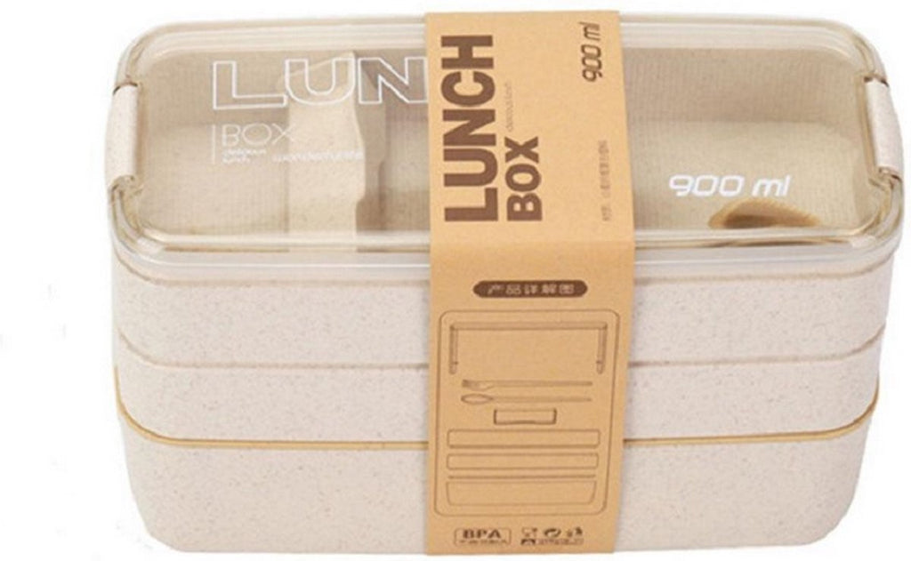  Bento Lunchbox - Lunchtrommel 900ml 3 Laags - Inclusief Bestek - Beige - Opline