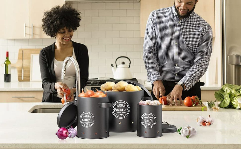  Professionele Bewaardozen - Set Van 3 - Voor Aardappels, Uien En Knoflook - Retro Design - Voorraadcontainer Van Metaal - Keukenopslag - Groentes Bewaren Voor Lange Tijd - Perfect Cadeau Voor In De Keuken