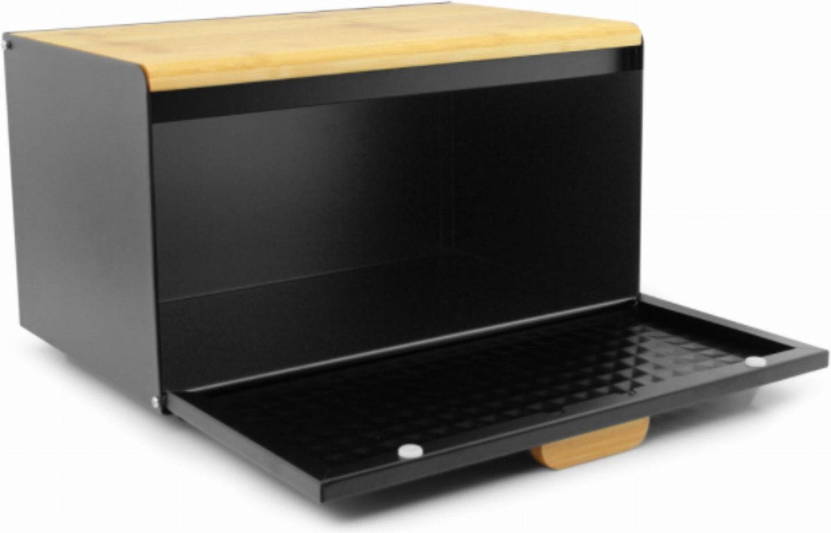  Luxe Broodtrommel Zwart Met Bamboe - Brood Bewaardoos - 36x21x21CM - Rechthoekig