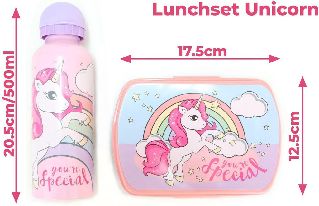  Broodtrommel + Drinkfles Unicorn | Lunchbox Voor Kinderen | Eenhoorn Roze LS03a