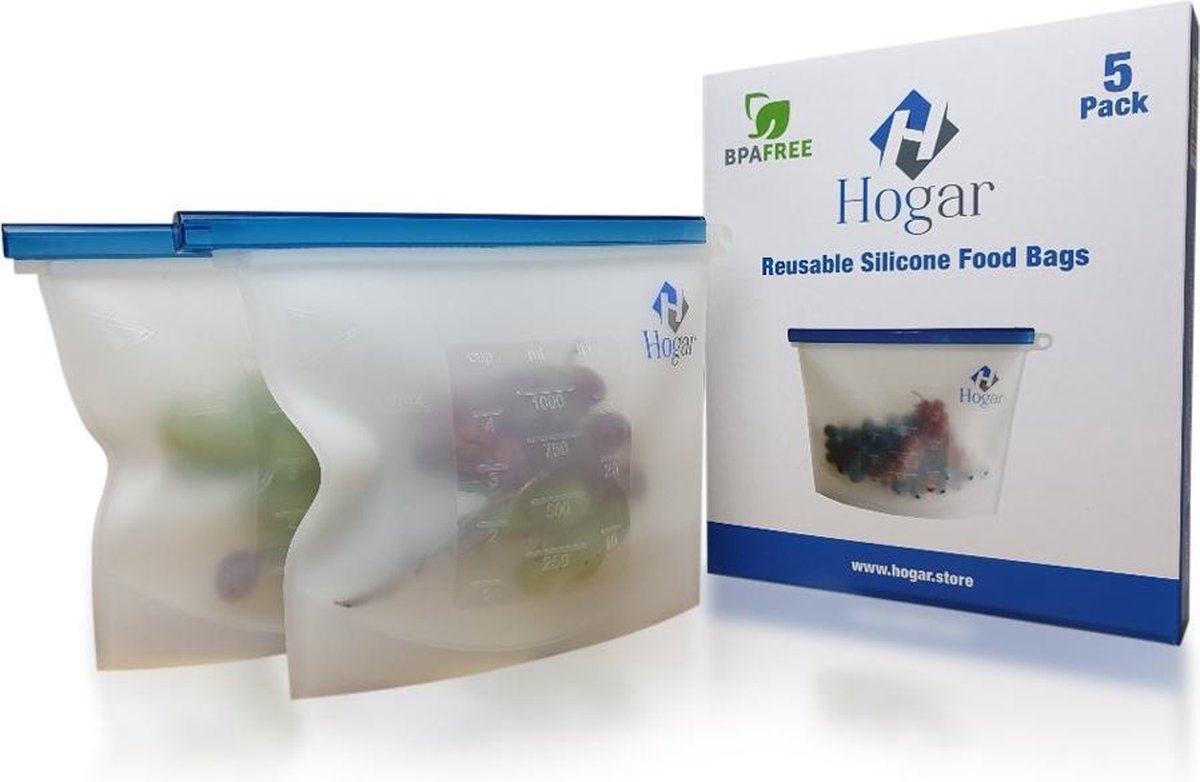  Vershoudzakjes Van Hogar - Siliconen Vershoudzakken - Herbruikbaar Diepvrieszakjes - Meal Prep - Set Van 5 - BPA Vrij - Verwarmbaar - Invriesbaar - Vaatwasser Bestendig - Duurzaam