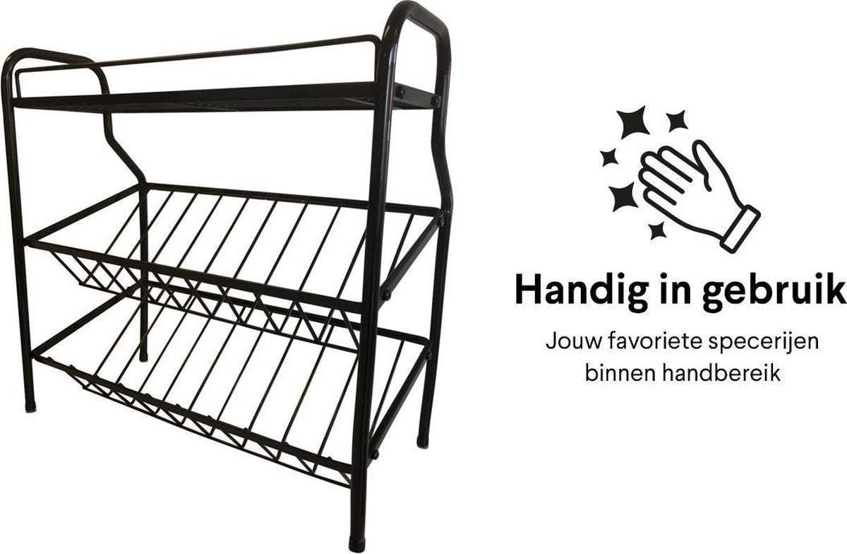  Zindoo Kruidenrek Zwart 3-laags Staand - Specerijen Rek - Kruiden Rek - Duurzaam RVS - Anti Slip Onderzijde - Specerijenstandaard – Keukenorganizer - Spice Rack - Kitchen Rack - Spice Organizer Keukenaccessoire - ZIN-SR05