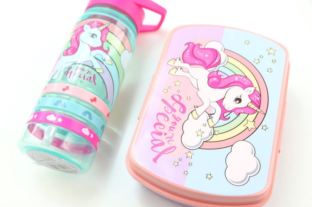  Unicorn Broodtrommel + PET Drinkfles Lichtblauw | Eenhoorn Lunchbox Set Voor Meisjes LS22