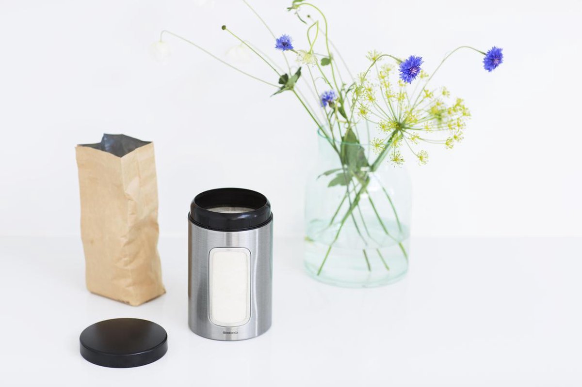  Brabantia Voorraadbus - 1,4 L - Matt Steel Fingerprint Proof / Matt Black Deksel - Met Venster