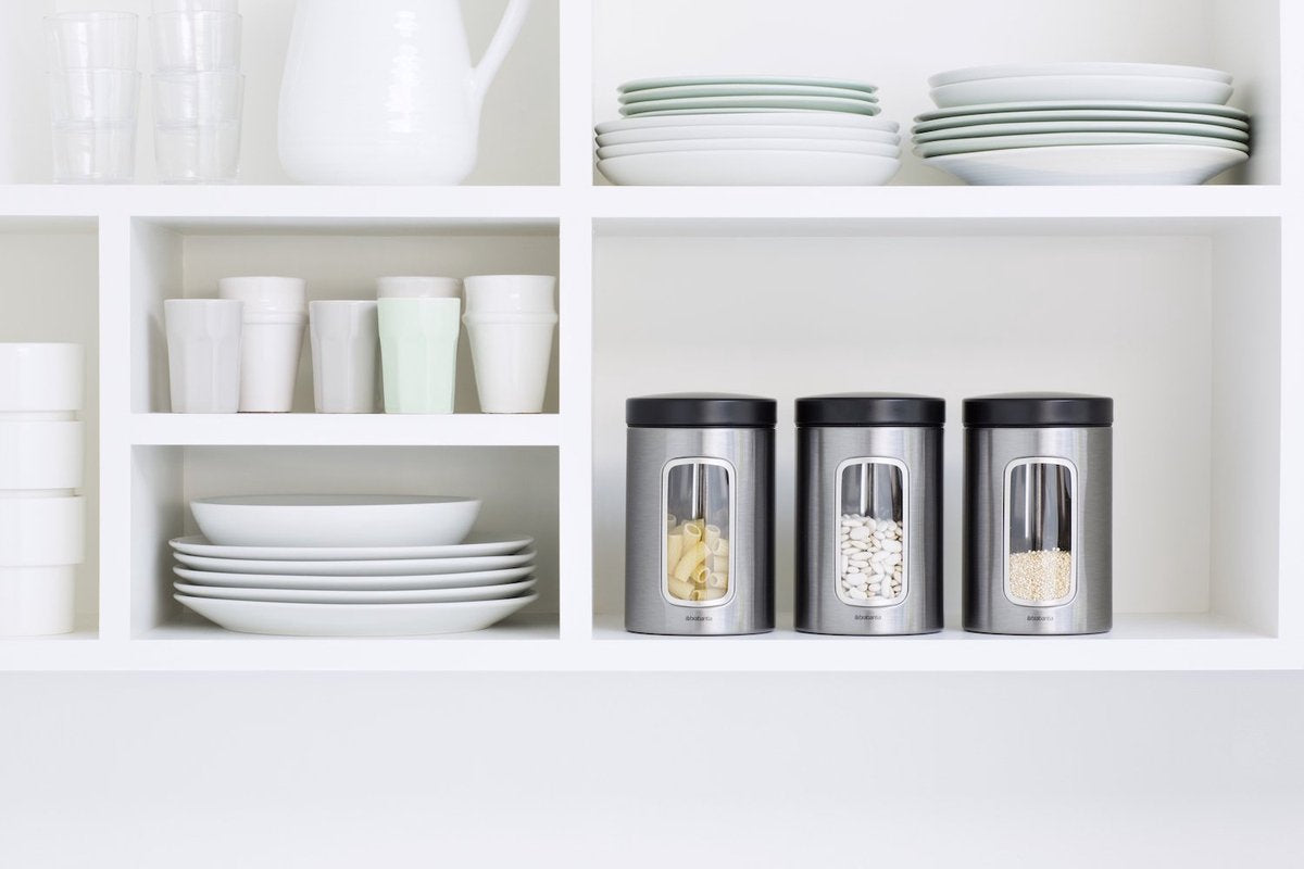  Brabantia Voorraadbus - 1,4 L - Matt Steel Fingerprint Proof / Matt Black Deksel - Met Venster