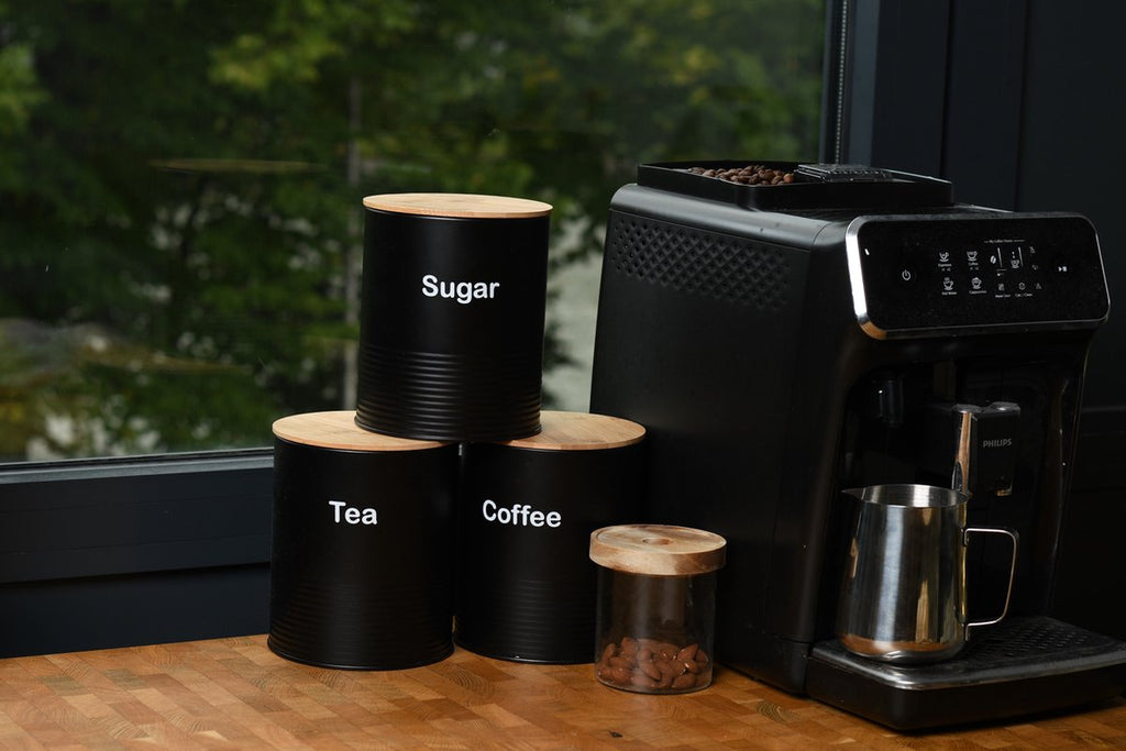  Bewaarblik - Voorraadpotten - Suikerpot - 3 Stuks - Voorraadblik - Deksel Bamboe - Luchtdict Voorraadbussen Potten - Koffie Thee Suiker - Zwart