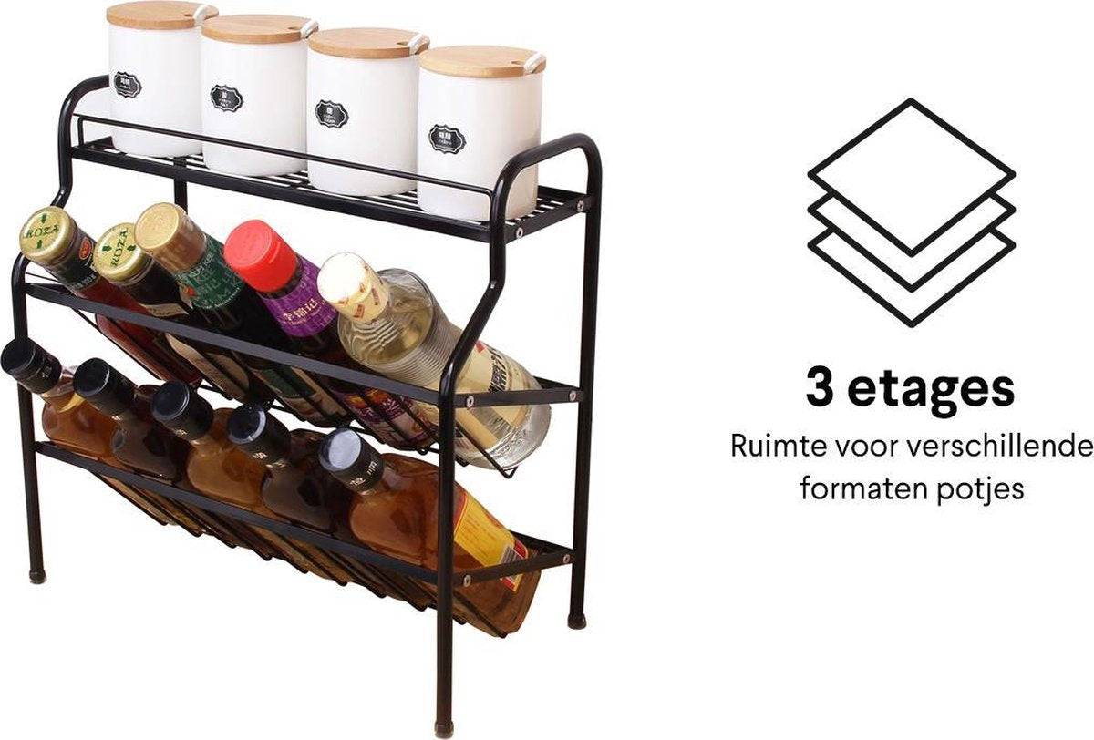  Zindoo Kruidenrek Zwart 3-laags Staand - Specerijen Rek - Kruiden Rek - Duurzaam RVS - Anti Slip Onderzijde - Specerijenstandaard – Keukenorganizer - Spice Rack - Kitchen Rack - Spice Organizer Keukenaccessoire - ZIN-SR05