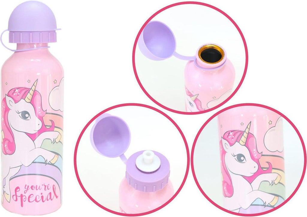  Broodtrommel + Drinkfles Unicorn | Lunchbox Voor Kinderen | Eenhoorn Roze LS03a
