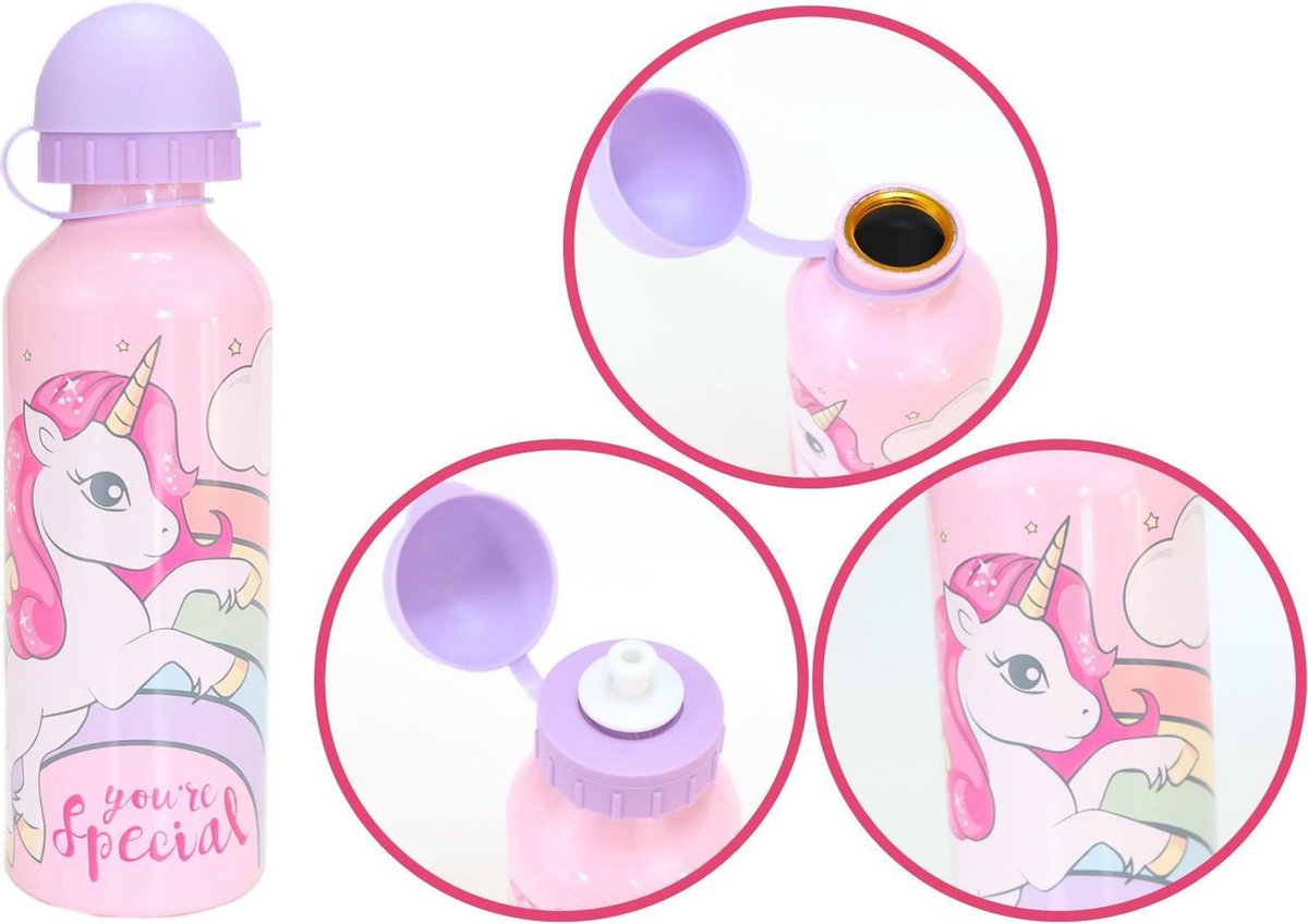  Broodtrommel + Drinkfles Unicorn | Lunchbox Voor Kinderen | Eenhoorn Roze LS03a