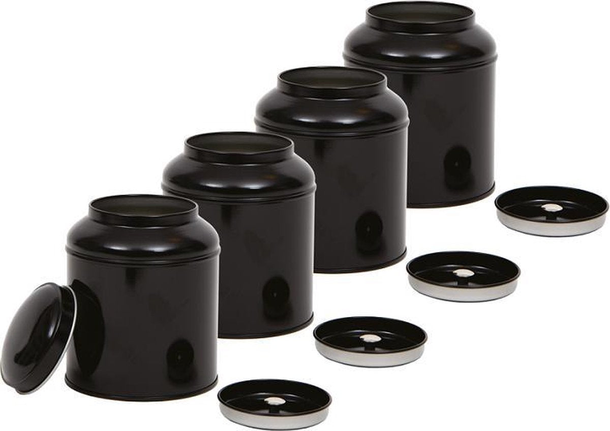 Merkloos Theeblik - Kruidenblik - Voorraadblik - Bewaarblik - Met Aroma Deksel - Zwart - 4 Stuks
