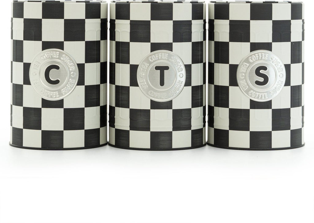  Industrial Living Voorraadblikken – Voorraadbussen Koffie Thee Suiker – Bewaarblik – Checkerboard – Voorraadpot Geblokt Voor Koek – Metaal - Set Van 3 – Zwart - Wit