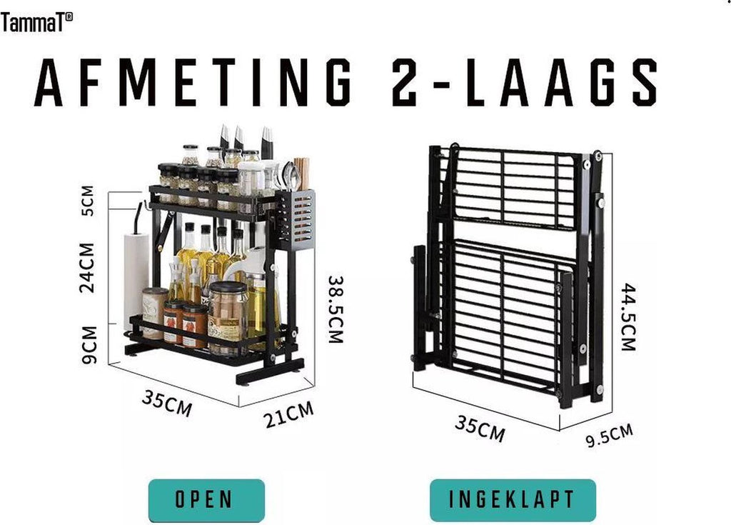  TammaT - Kruidenrek - Kruidenrek Staand - Inklapbare Keukenrek - 3-laags 35x21x56,5CM - Keuken Organizer - Aanrecht Organizer - Keuken Opslag - Roestvrij Staal - Opbergrek - Keuken Organizers - Roestvrij En Krasvrij