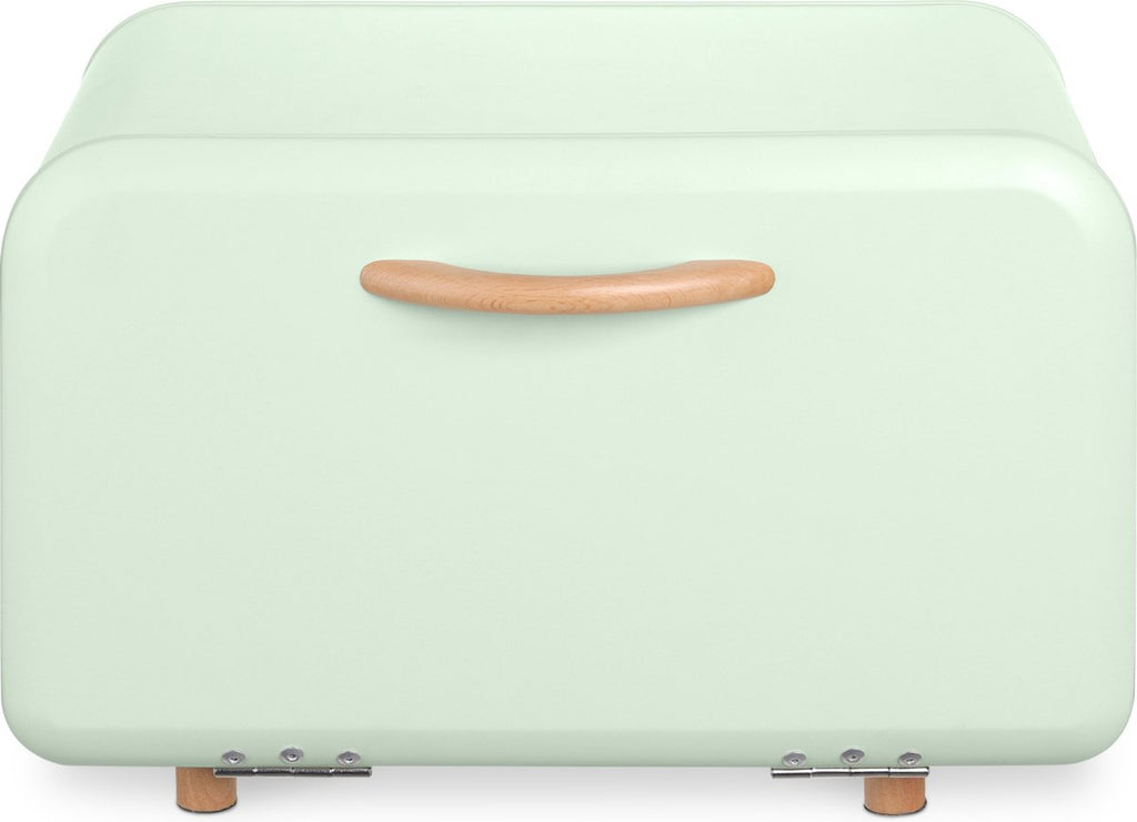  Navaris Metalen Broodtrommel Met Klapdeksel - Vershouddoos Voor Brood - 35 X 24 X 23 Cm - Van Ijzer Met Houten Details In Mintgroen