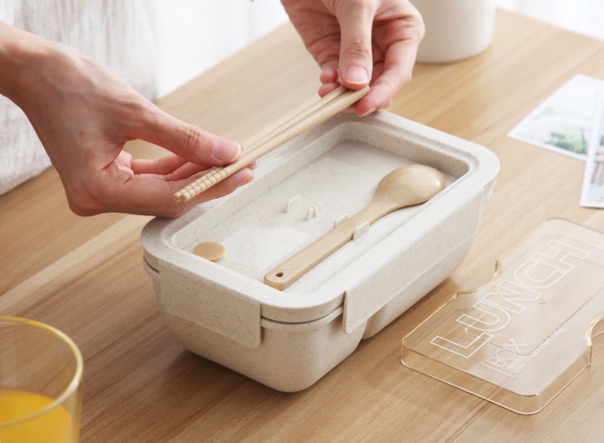  BentoBros® Duurzame Bento Box - Broodtrommel - Lunchtrommel - Lunchbox - Lunchset Voor Kinderen - Brooddoos - Duurzaam Hout - Inclusief Bestek - Voor Volwassenen En Kinderen - 0,85 Liter - Geschikt Voor Magnetron, Vriezer En Vaatwasser - Beige