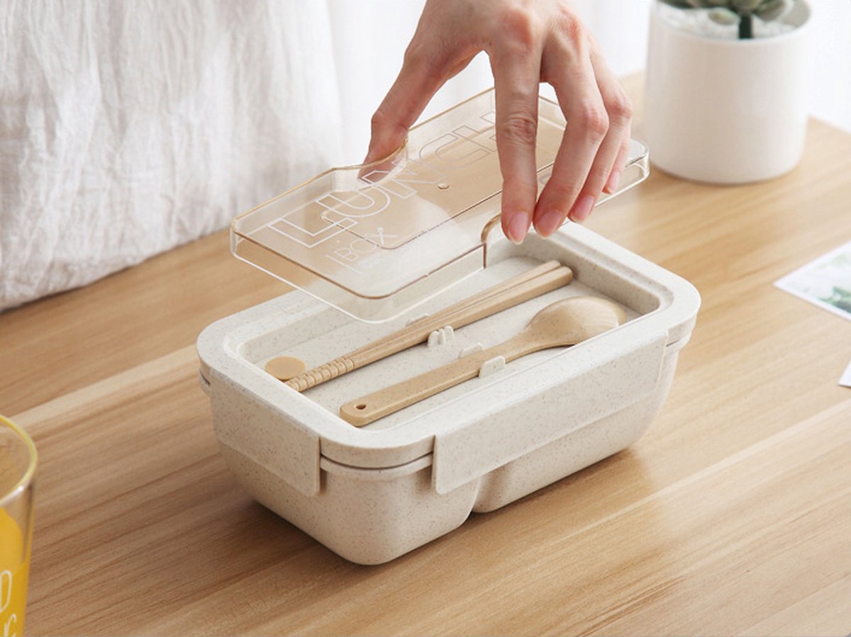  BentoBros® Duurzame Bento Box - Broodtrommel - Lunchtrommel - Lunchbox - Lunchset Voor Kinderen - Brooddoos - Duurzaam Hout - Inclusief Bestek - Voor Volwassenen En Kinderen - 0,85 Liter - Geschikt Voor Magnetron, Vriezer En Vaatwasser - Beige