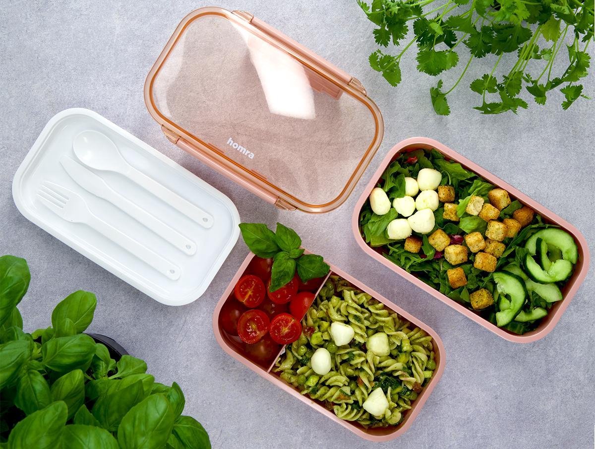  Homra Lunchbox STAQS Pink - Bento Box - 2 Laags Broodtrommel - 3 Compartimenten - Roze - Lunch To Go - Duurzaam Kunststof - BPA Vrij - 3 Vaks Lunchtrommel Voor Volwassenen - Inclusief Bestek - Magnetron, Diepvries, Vaatwasser Bestendig - Vers Houden