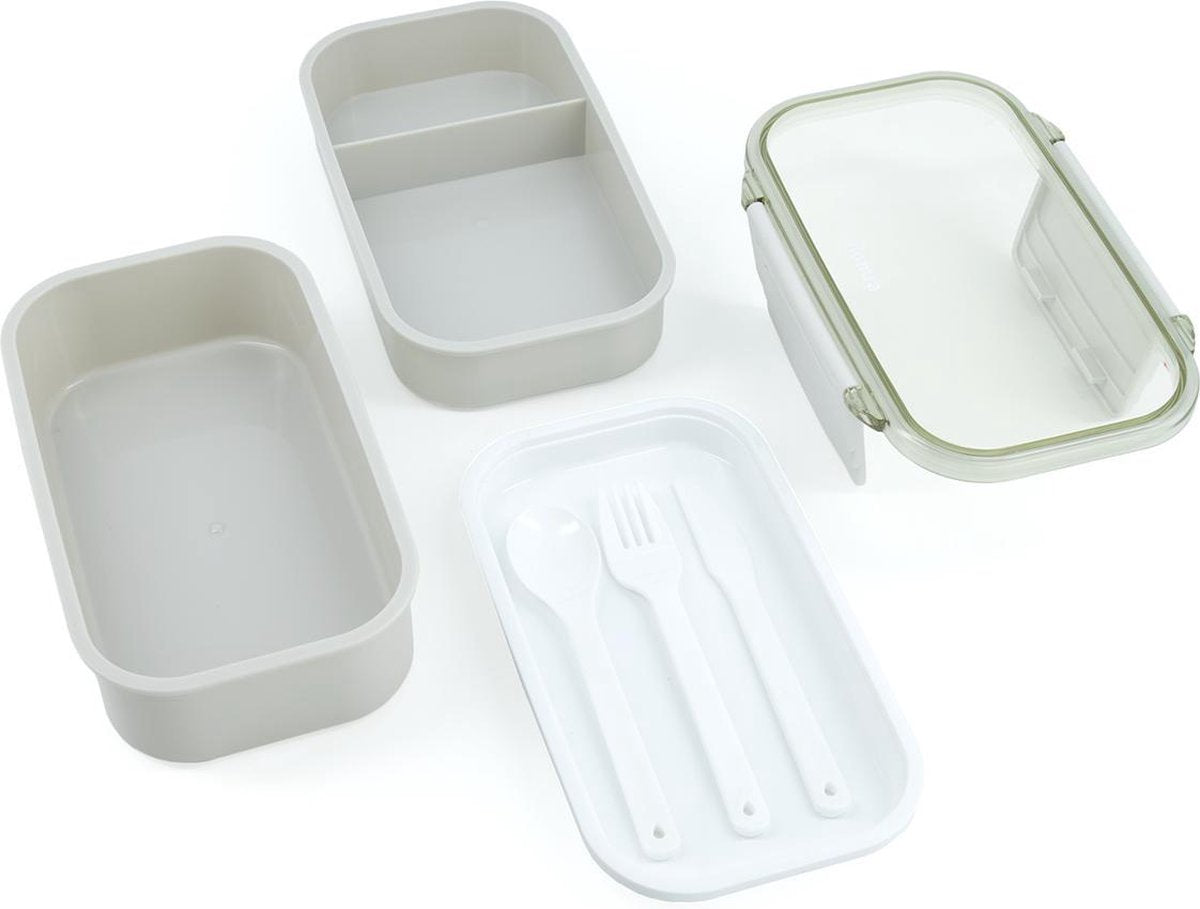  Homra Lunchbox STAQS Grey - Bento Box - 2 Laags Broodtrommel - 3 Compartimenten - Grijs - Lunch To Go - Duurzaam Kunststof - BPA Vrij - 3 Vaks Lunchtrommel Voor Volwassenen - Inclusief Bestek - Magnetron, Diepvries, Vaatwasser Bestendig - Vers Houden