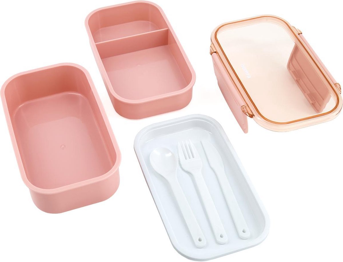  Homra Lunchbox STAQS Pink - Bento Box - 2 Laags Broodtrommel - 3 Compartimenten - Roze - Lunch To Go - Duurzaam Kunststof - BPA Vrij - 3 Vaks Lunchtrommel Voor Volwassenen - Inclusief Bestek - Magnetron, Diepvries, Vaatwasser Bestendig - Vers Houden