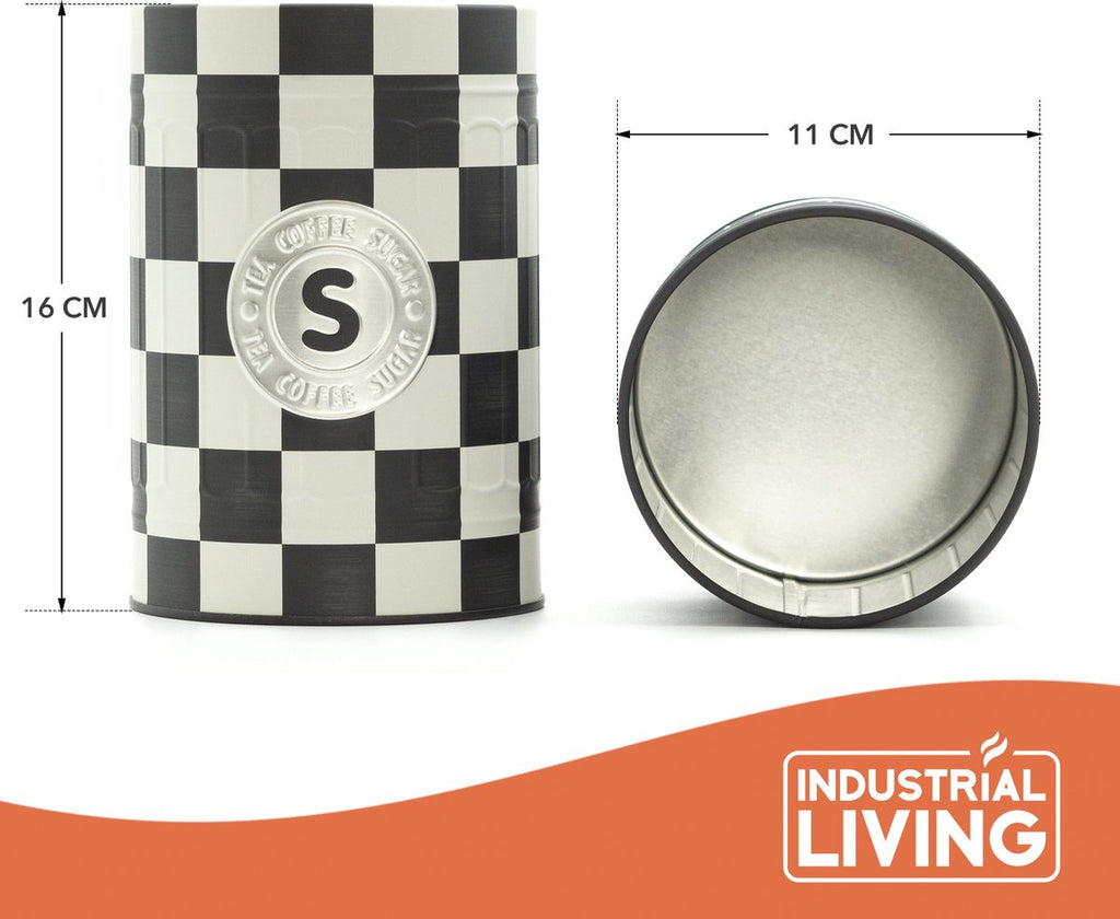  Industrial Living Voorraadblikken – Voorraadbussen Koffie Thee Suiker – Bewaarblik – Checkerboard – Voorraadpot Geblokt Voor Koek – Metaal - Set Van 3 – Zwart - Wit