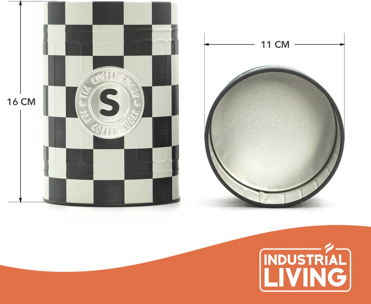  Industrial Living Voorraadblikken – Voorraadbussen Koffie Thee Suiker – Bewaarblik – Checkerboard – Voorraadpot Geblokt Voor Koek – Metaal - Set Van 3 – Zwart - Wit