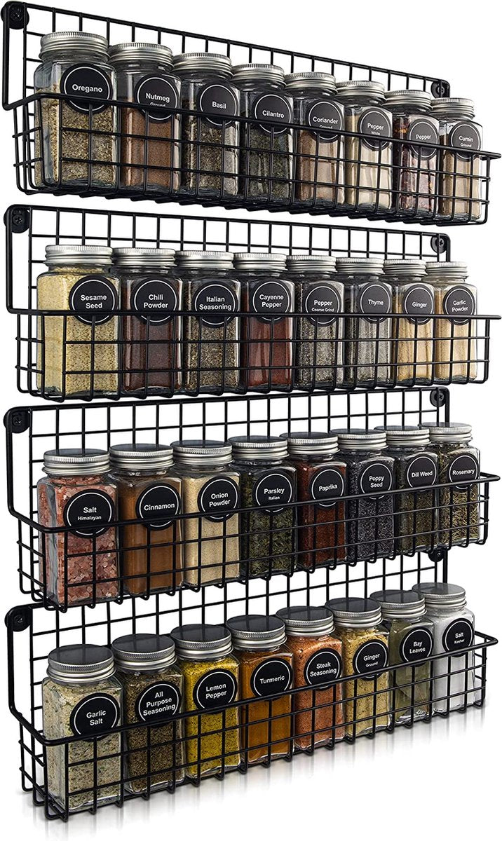  Friendly Kitchen Ophangbaar Kruidenrek - 4 Kruidenrekjes Voor Totaal 32 Kruidenpotjes - Spice Rack - Staal - Zwart