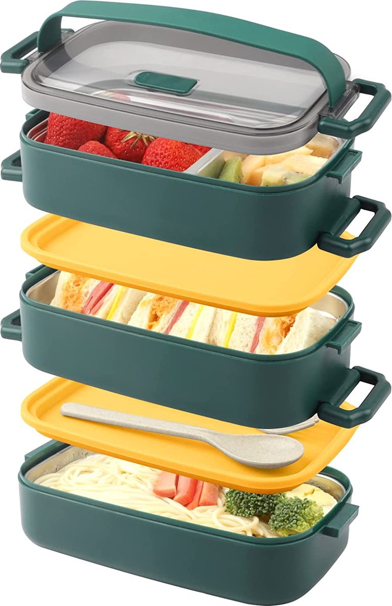  Lunchbox, Bento Box Voor Volwassenen Kinderen, Kinderlunchbox Met Compartimenten, 3-laags Lekvrije Bento-lunchbox Met Vork, Lepel, Geschikt Voor Lunchbox Voor Werk, Kantoor, School (2,25L Groen)