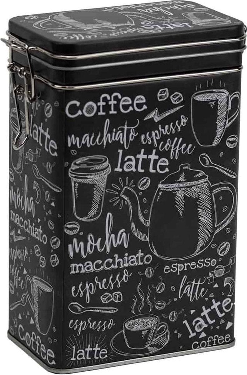 Merkloos Bewaarblik/theeblik/voorraadblik - Rechthoekig - Klipsluiting - Groot - Koffieprint