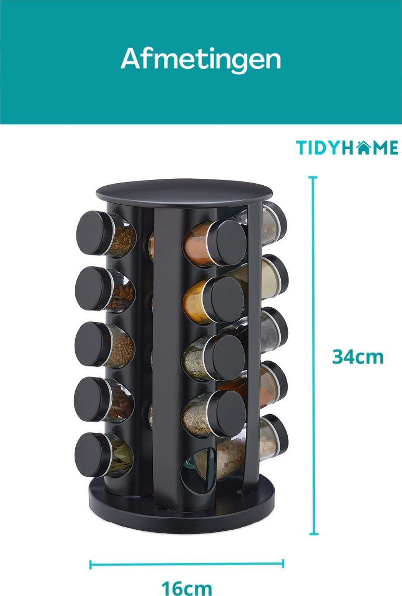  TidyHome Kruidenrek Draaibaar - Kruidenpotjes - Kruiden Carrousel - 20 Kruidenpotjes - Zwart - RVS - Draaibaar - Aanrecht Organizer - Inclusief Labels, Pen En Trechter - Keuken Organizer