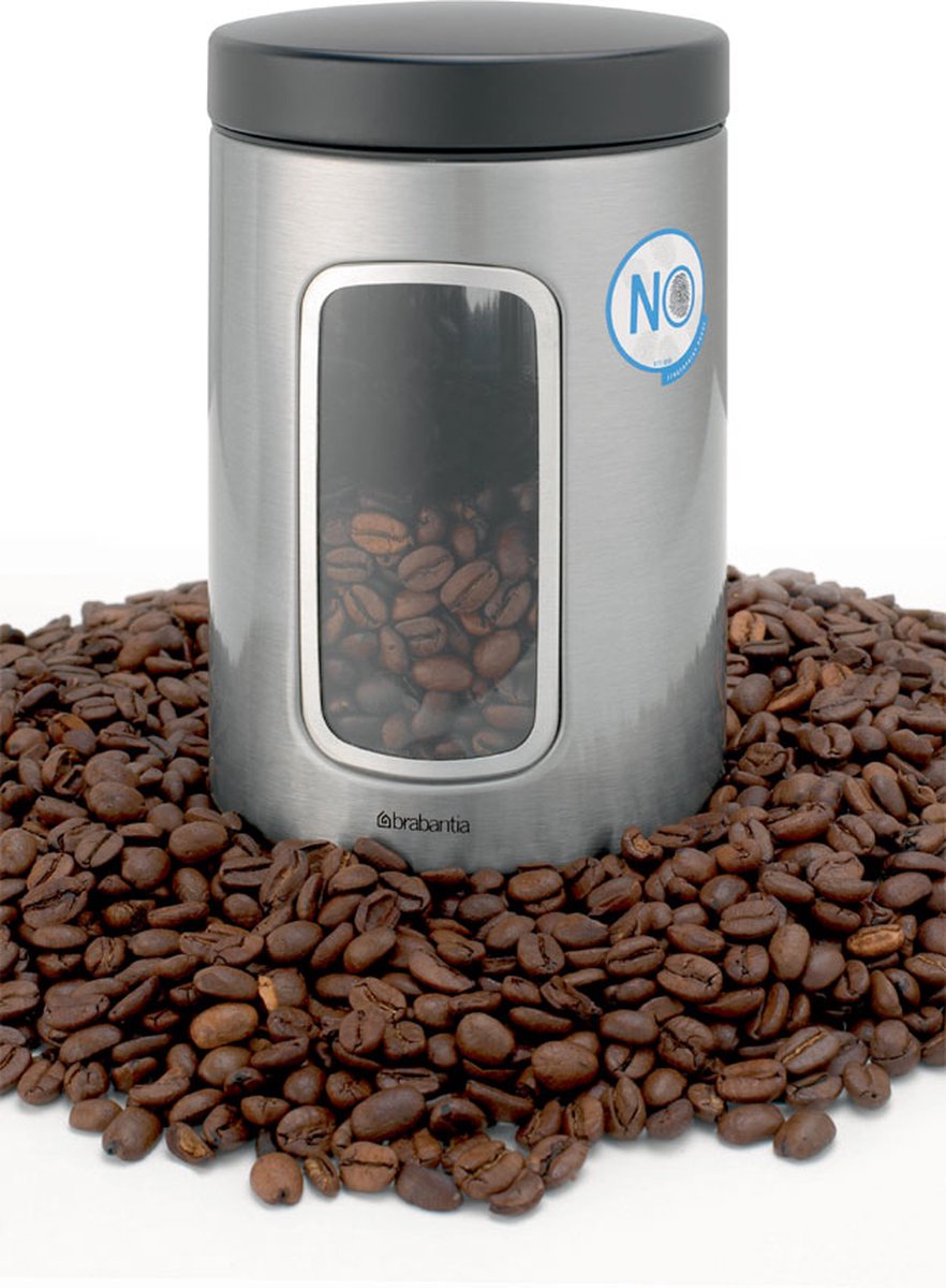  Brabantia Voorraadbus - 1,4 L - Matt Steel Fingerprint Proof / Matt Black Deksel - Met Venster
