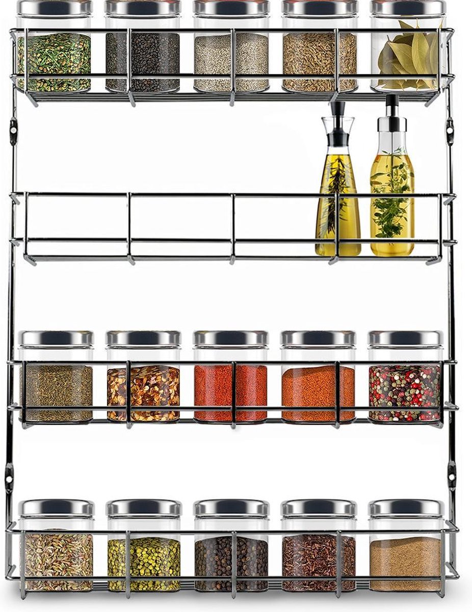  KitchenBrothers Ophangbaar Kruidenrek Voor 32 Kruidenpotjes - Spice Rack – Keuken Rek - Kruiden Organizer - Specerijen Opbergen - 4 Laags - 40 X 6.3 X 50 Cm - RVS