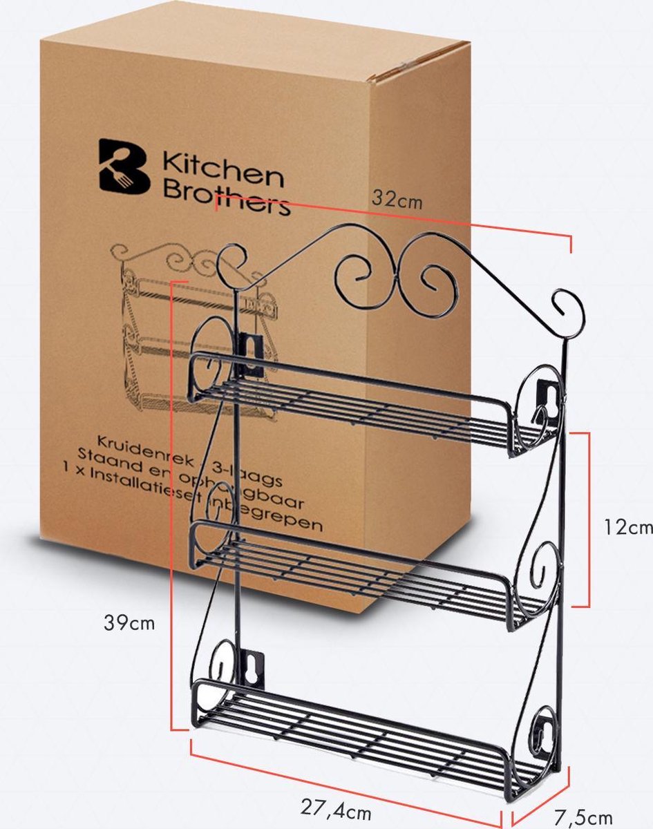  KitchenBrothers Kruidenrek - Staand En Ophangbaar - Voor 21 Potjes - 3 Laags - Metaal