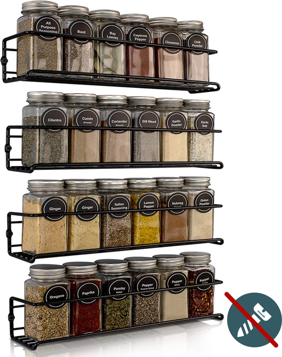  Mmoods Kruidenrek Ophangbaar Zonder Boren - 4 Laags Voor 24 Kruidenpotjes - Speciaal Voor Muur, Wandkast, Kastdeur - Hangende Kruidenorganizer Keuken - Keukenaccessoires