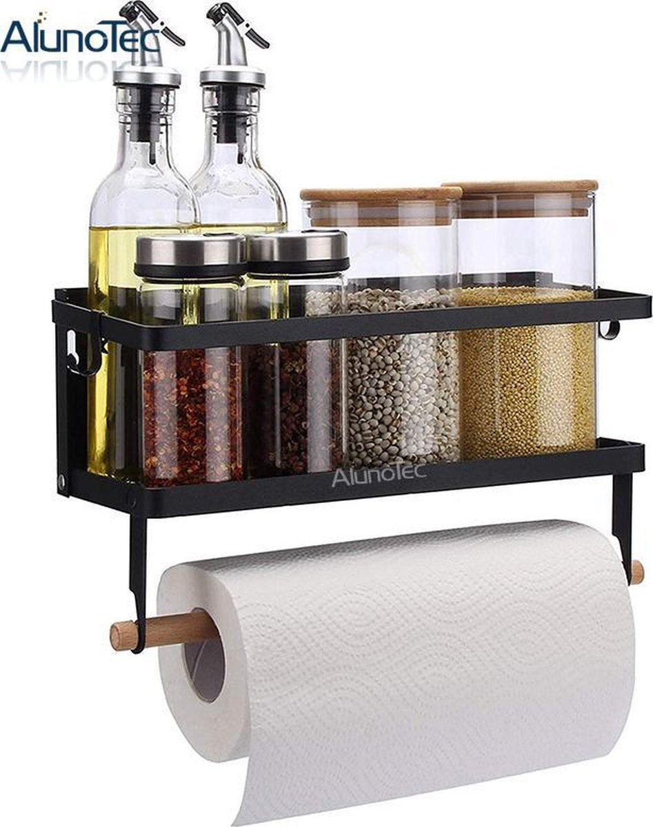 Merkloos Kruidenrek Zwart - Multifunctioneel Ophangbaar Keukenrek - Keukenrolhouder Zwart - Multifunctioneel Kruidenrek - Magnetisch Kruidenrek - Keuken Organizer - Koelkast Rek
