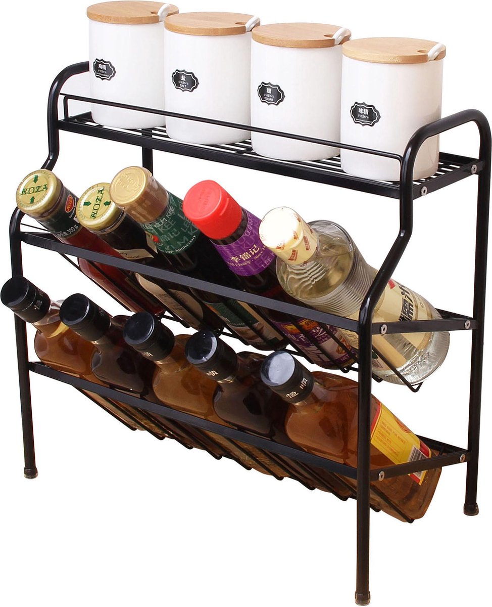  Zindoo Kruidenrek Zwart 3-laags Staand - Specerijen Rek - Kruiden Rek - Duurzaam RVS - Anti Slip Onderzijde - Specerijenstandaard – Keukenorganizer - Spice Rack - Kitchen Rack - Spice Organizer Keukenaccessoire - ZIN-SR05