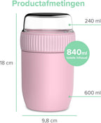  Coninx Thermos Lunchbox - Muesli Beker To Go - Isoleer Lunchpot - Yoghurtbeker To Go - Mueslibeker 840ml (600ml+240ml) - RVS / Roze
