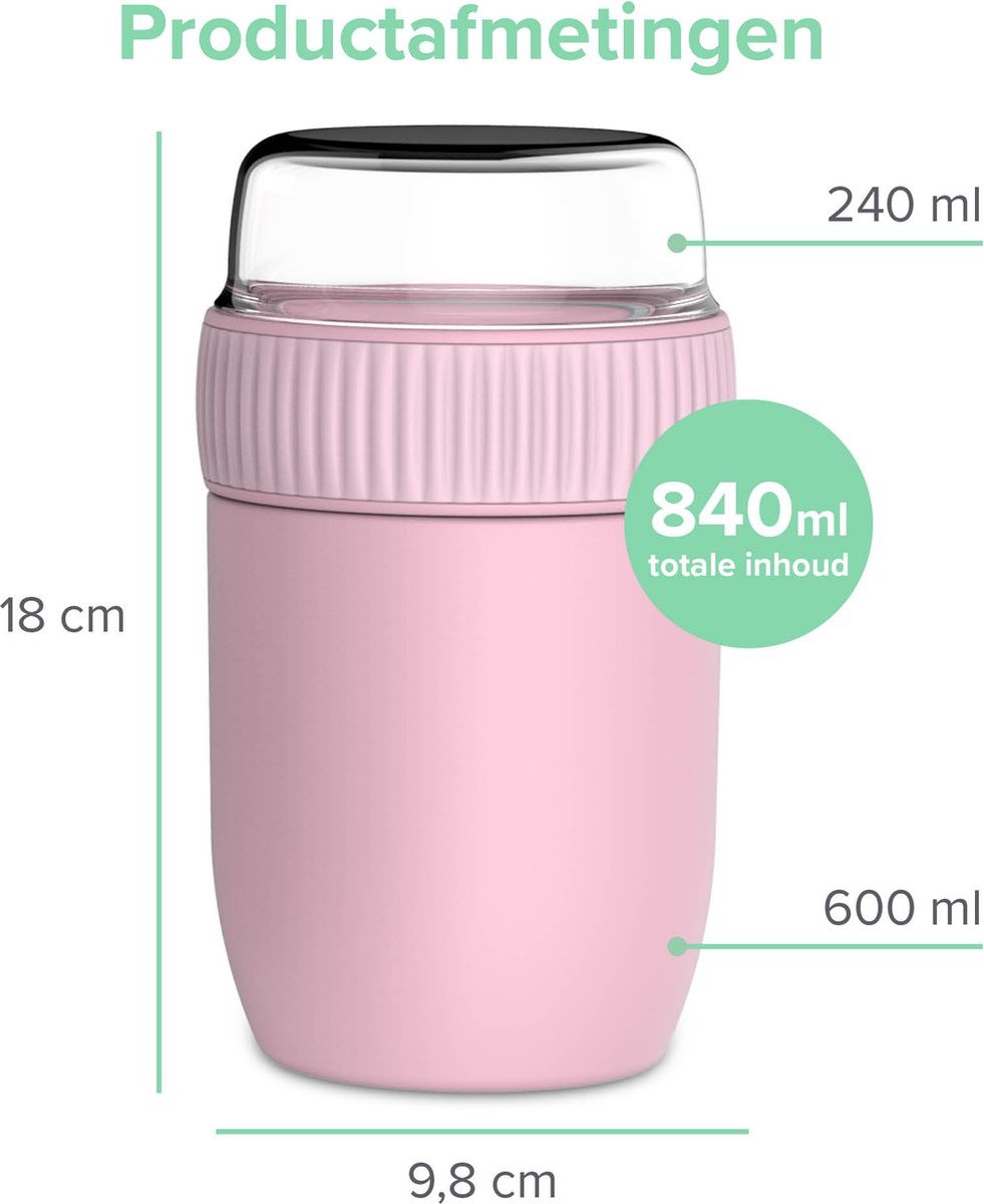  Coninx Thermos Lunchbox - Muesli Beker To Go - Isoleer Lunchpot - Yoghurtbeker To Go - Mueslibeker 840ml (600ml+240ml) - RVS / Roze
