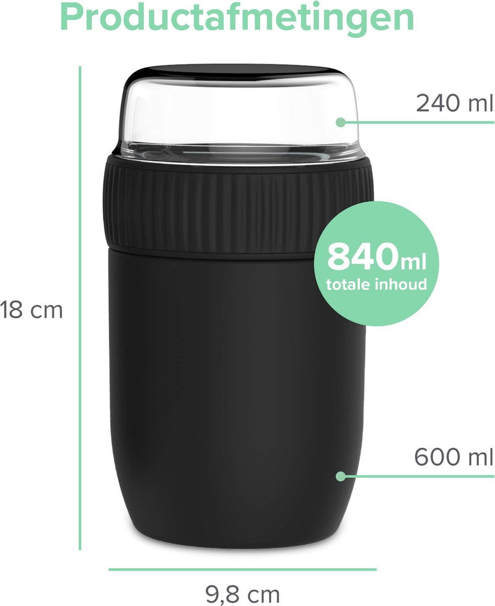  Coninx Thermos Lunchbox - Muesli Beker To Go - Isoleer Lunchpot - Yoghurtbeker To Go - Mueslibeker 840ml (600ml+240ml) - RVS / Zwart